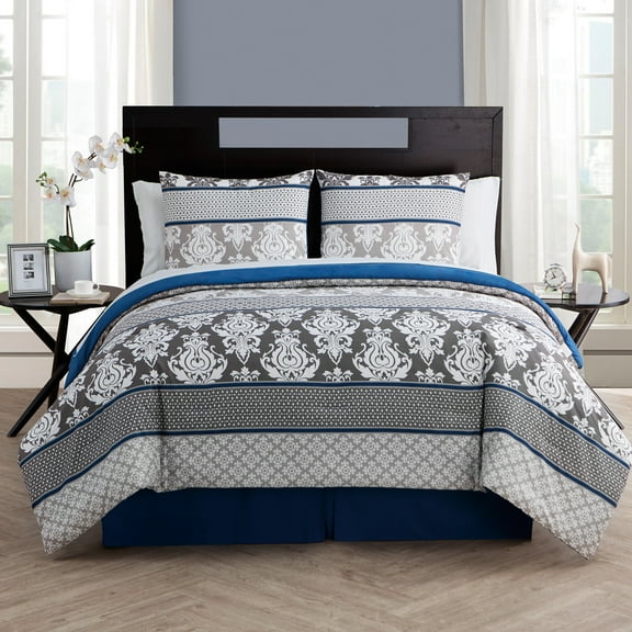 VCNY Home Beckham 8-Piece Blue Damask Bed in a Bag, Queen, Adult, Unisex