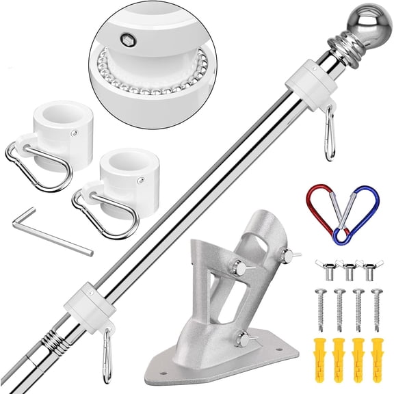 Flag Pole - Upgraded Bracket, 6 FT Stainless Steel Flag Poles for Outside House, Residential or Commerical, Tangle Free Flag Pole Kit for American Flag (Without Flag, Silver)