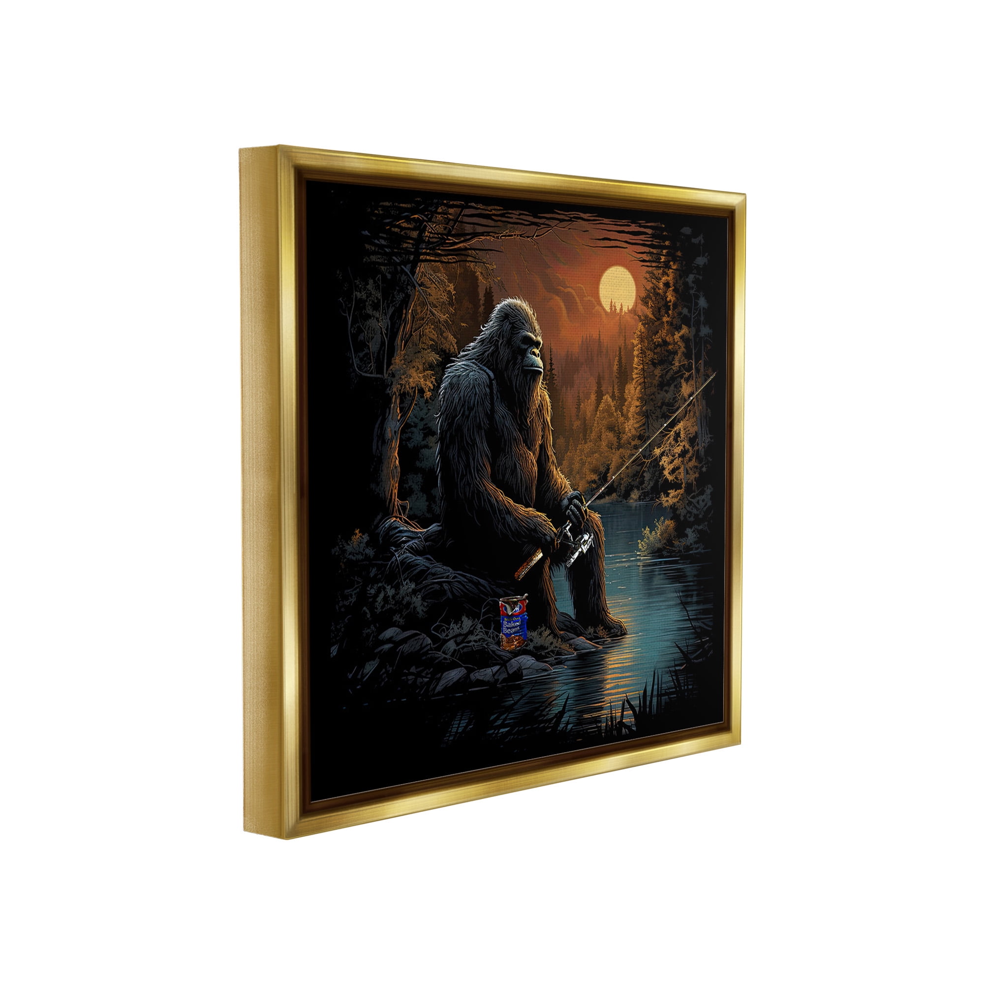 Stupell Industries Monster Fishing at Lake Fairy Tales & Fantasy Painting Gold Floater Framed Canvas Art Print Wall Art, 18 x 18