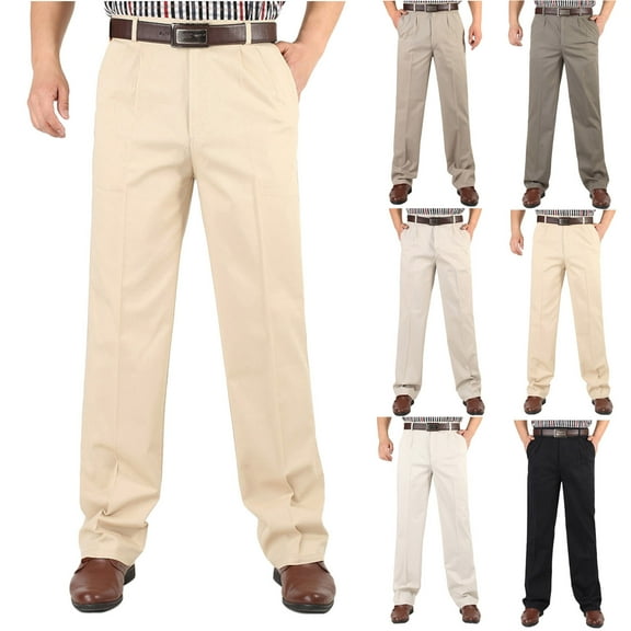 RYDCOT Men's High Waisted Double Pleated Pure Cotton Casual Pants Vintage Fit Straight Legs Business formal Slacks Pants Yellow 10(XL)