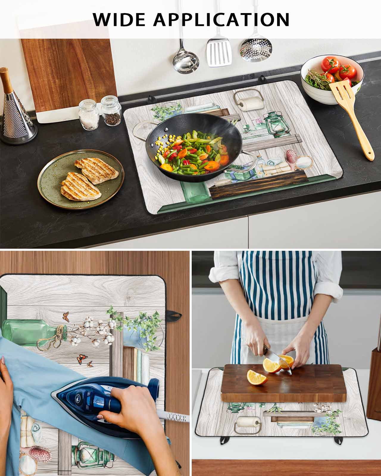 nqOlkjepod Large Induction Cooktop Protector Mat 24"x21", Green Gray Stove Top Covers for Electric Stove, Farmhouse Summer Botanical Wooden Decorative Stove Burner Cover Mats, Glass Top Stove Cover