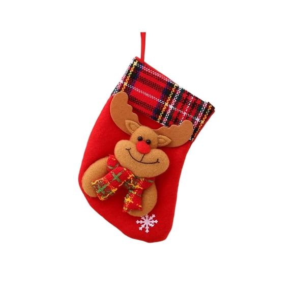 Small Red Christmas Stocking, Christmas Reindeer Cloth Gift Pouch With Plaid Cuff Hanging Ornament For Fireplace Mantel Xmas Tree Indoor Holiday Decor