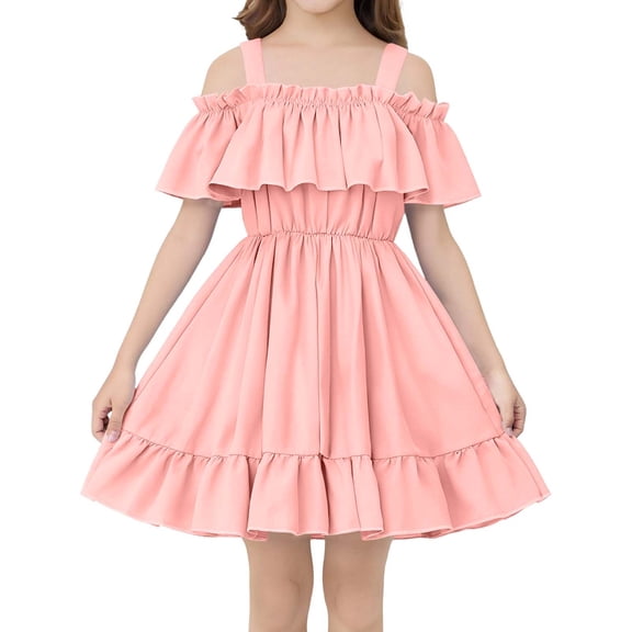 HAOTAGS Girls Dresses,Sleeveless Ruffle Hem Pastel Off Shoulder Bardot Bubble Peasant Dress Pink 3-4
