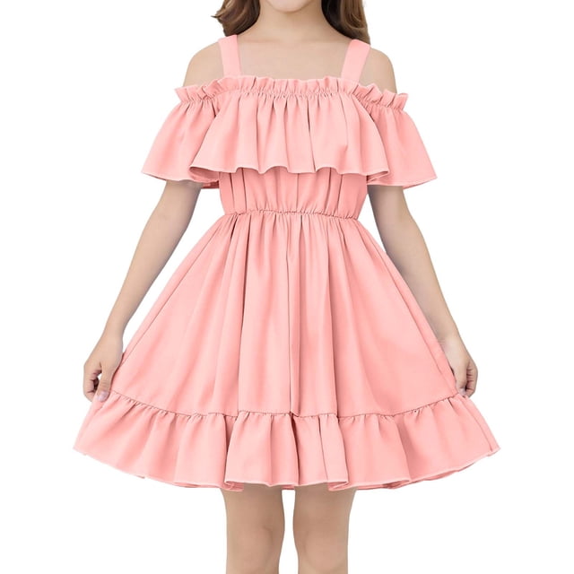 Niñas Maxi Vestido de Color Sólido Fuera Del Hombro Plisado con un Escote para las Niñas, Lindo Vestido Maxi para las Fiestas de Cumpleaños de Vacaciones Diarias