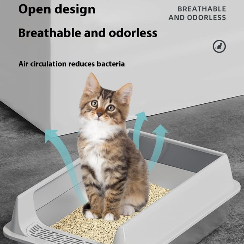 Stainless Steel Litter Box Half-Enclosed Design, Anti-Slip Base & Ventilation for Odor Control, Large Pet Bathroom