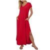 QIUOMBBP Long Dress for Women Cap Sleeve V Neck Split Side Maxi Dresses with Pockets Summer Loose Casual Outdoor Sundress Red L