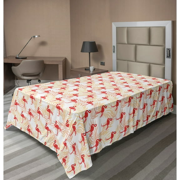 Ambesonne Flamingo Flat Sheet, Exotic Birds on Leaves, Twin Size, Scarlet Peach White