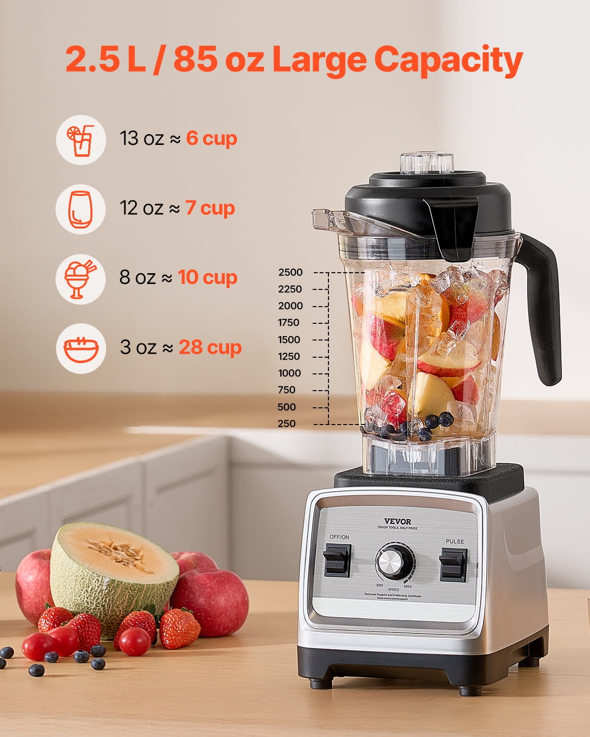 VEVOR Blender for Smoothies, 85 oz 1400W, Professional Blender with Powerful Motor, Multi-Functional Food Processing Blender for Smoothie/Milkshake/Juice, Fits for Kitchen