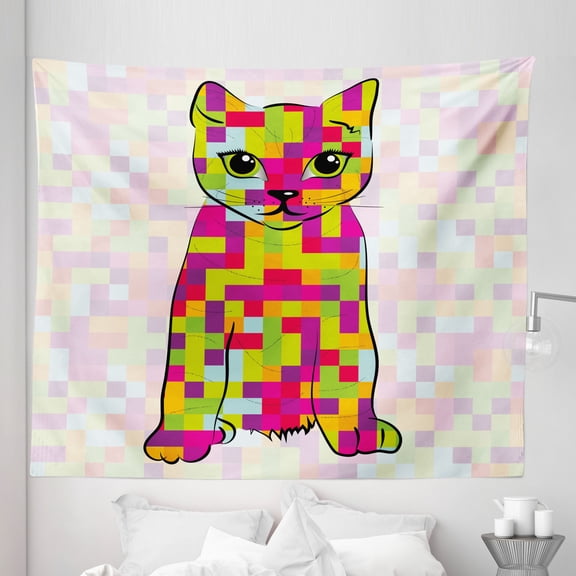 Modern Tapestry, Kitty Featured Digital Fractal Pixel Cat Colorful Design Computer Illustration, Fabric Wall Hanging Decor for Bedroom Living Room Dorm, 5 Sizes, Multicolor, by Ambesonne