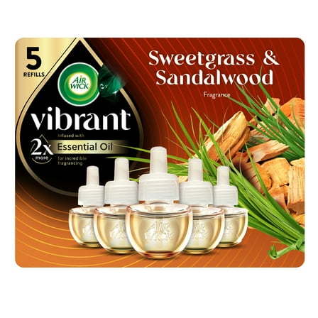 Air Wick Vibrant Plug-In Scented Oil Air Freshener Warmer Refills, Sweetgrass and Sandalwood, 5 Count