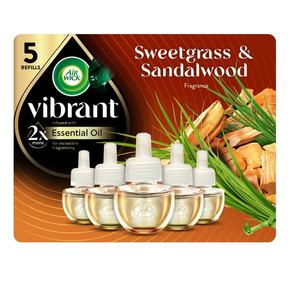 Air Wick Vibrant Plug-In Scented Oil Air Freshener Warmer Refills, Sweetgrass and Sandalwood, 5 Count