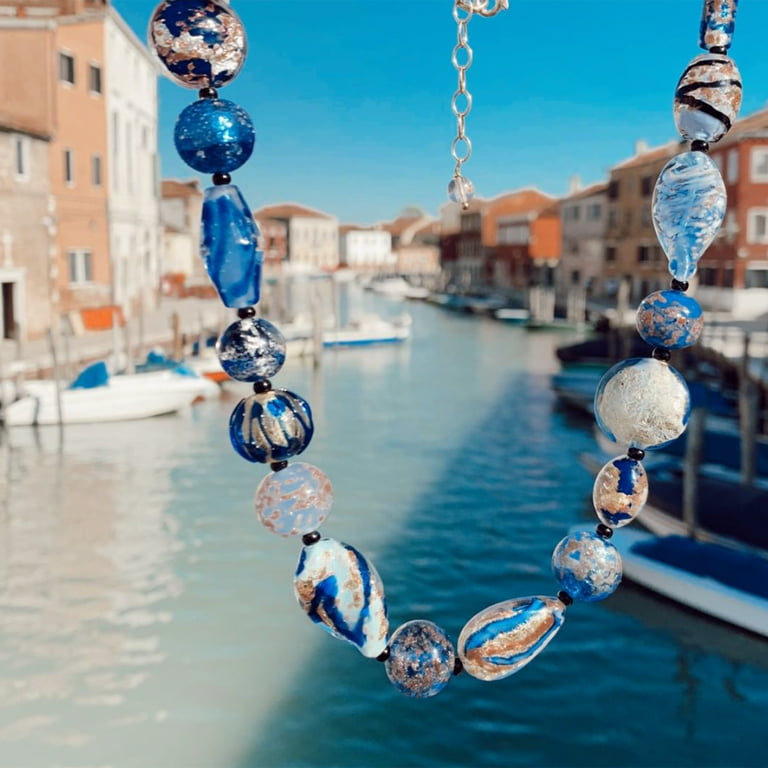 Colored Murano Glass Beads Necklace, Oval Murrine Beads, Italian