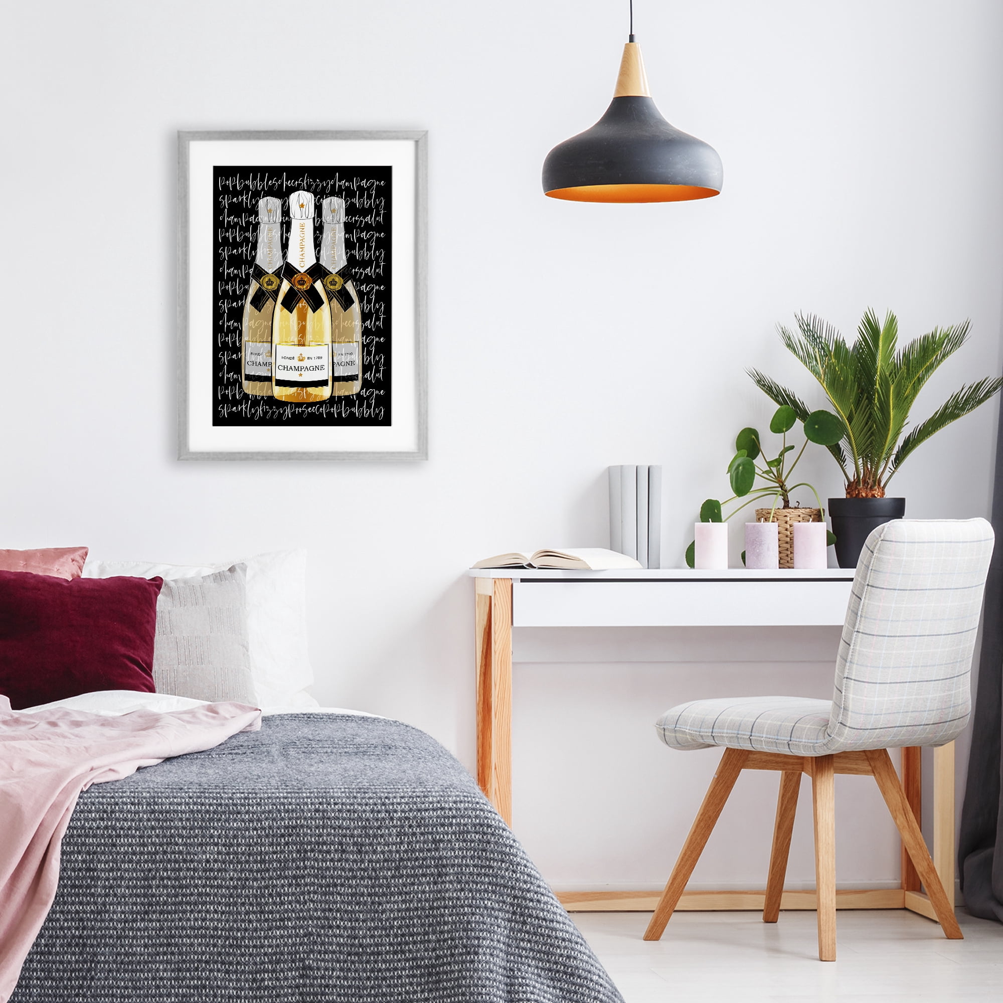 Stupell Industries Triple Champagne Bottle Love Gray Framed Print Under Glass, design by Martina Pavlova