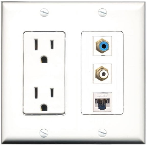 RiteAV - 15 Amp Power Outlet 1 Port RCA White 1 Port RCA Blue 1 Port Cat5e Ethernet White Decorative Wall Plate