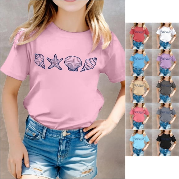 Trendfront Girls Seashell Starfish Graphic T Shirt Cute Ocean Beach Crewneck Short Sleeve Tee Summer Outing Top