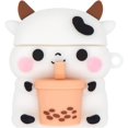 thumbnail image 1 of Linda funda para auriculares, compatible con Airpods 3, Boba Tea Cow, divertida funda de animales de dibujos animados 3D, cubierta protectora completa de PVC suave con mosquetón para Airpods 3, 1 of 5