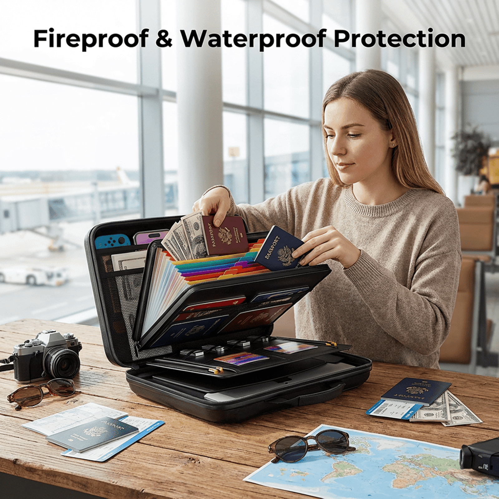 Djiypn Fireproof Accordion File Organizer with Lock,Hard Case Fireproof Document Box with 10 Pockets for Certificates, Passports Laptop Important Documents Portable Home Office Travel Safe Storage