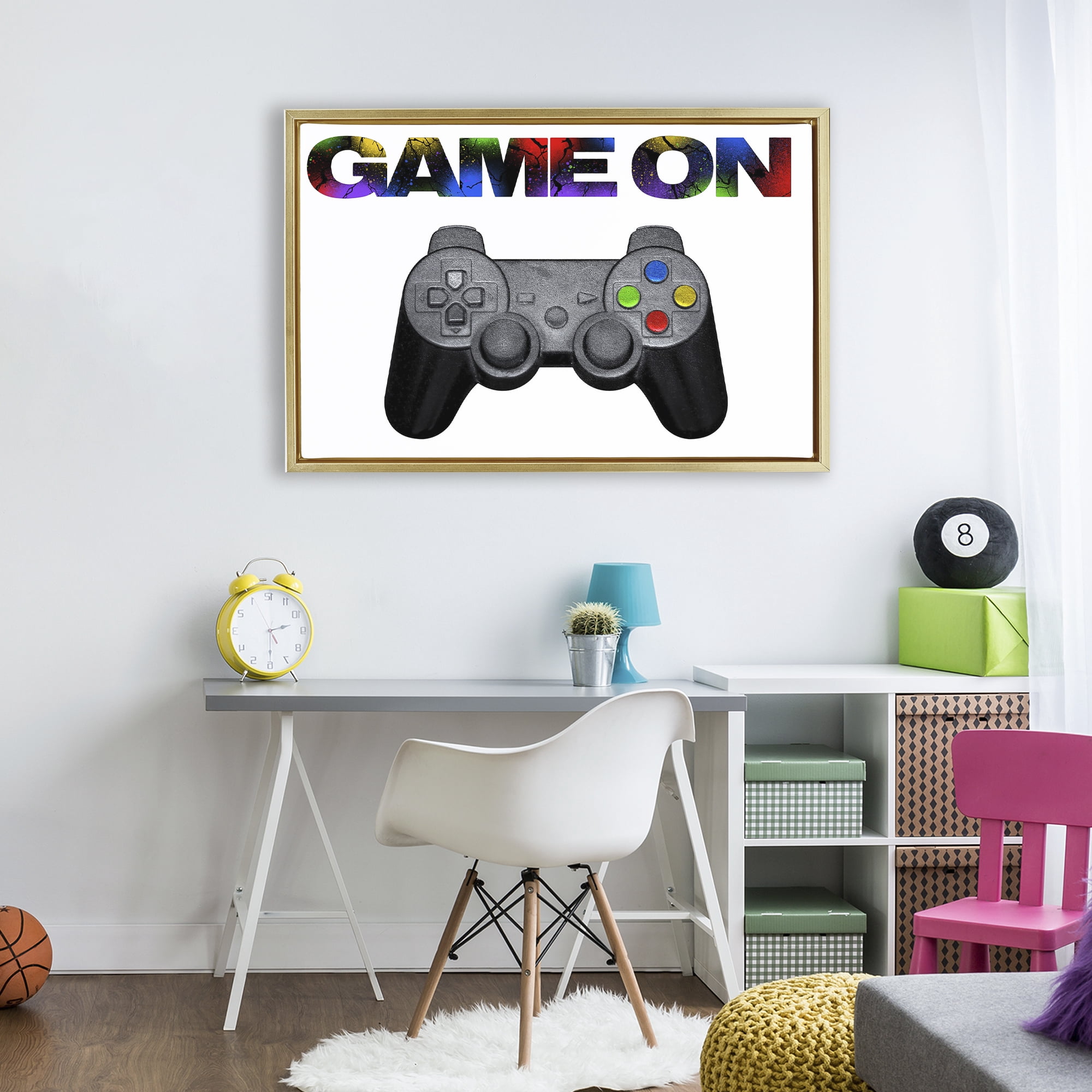 Stupell Industries Controller Game On Splatter Gold Framed Floater Canvas Wall Art, design by Marcus Prime