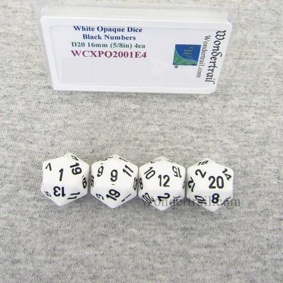 White Opaque Dice with Black Numbers D20 Aprox 16mm (5/8in) Pack of 4 Wondertrail