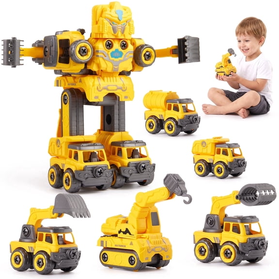 Zacro Robot Construction Vehicles Set, 5 in 1 Detachable Construction Transform Vehicles Set, DIY Assembly STEM Building Car Playset for Toddlers Kids Boys Gifts Age 3 4 5 6 7