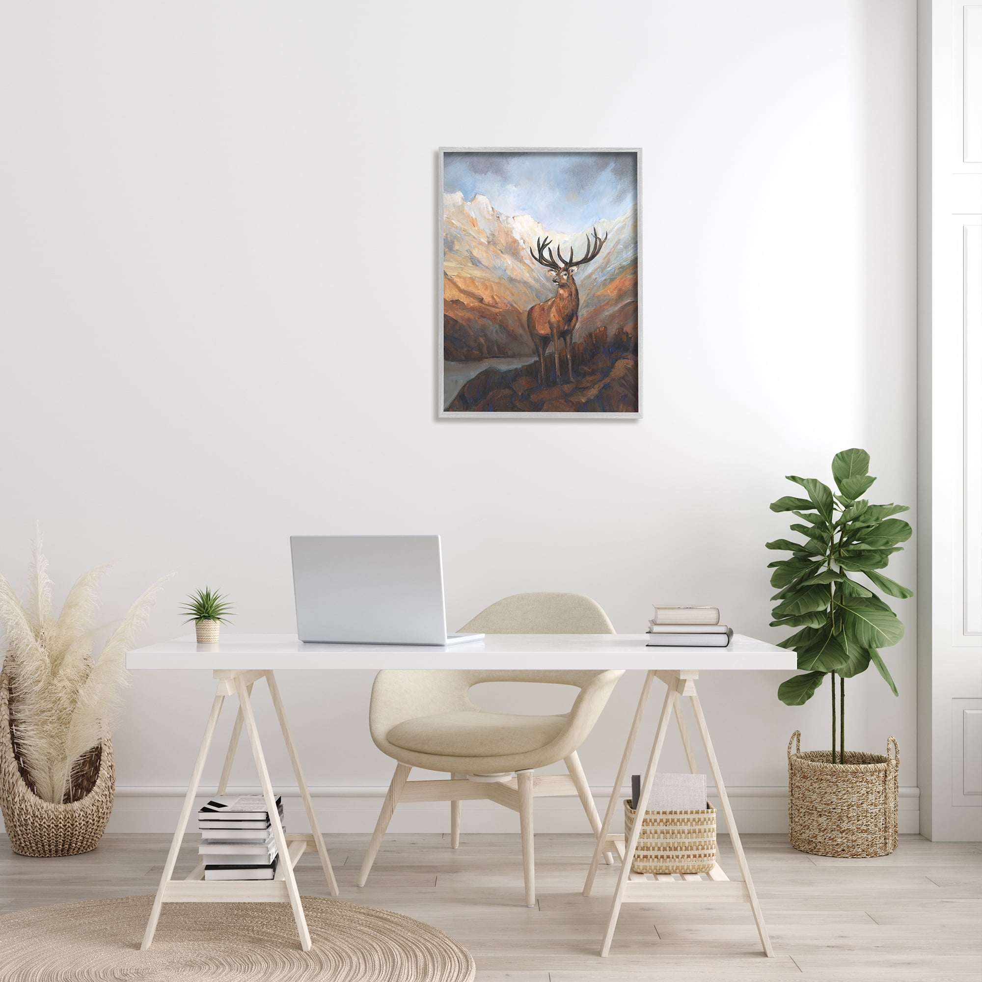 Stupell Wild Deer Breathtaking Mountain View Animals & Insects Painting Gray Framed Art Print Wall Art