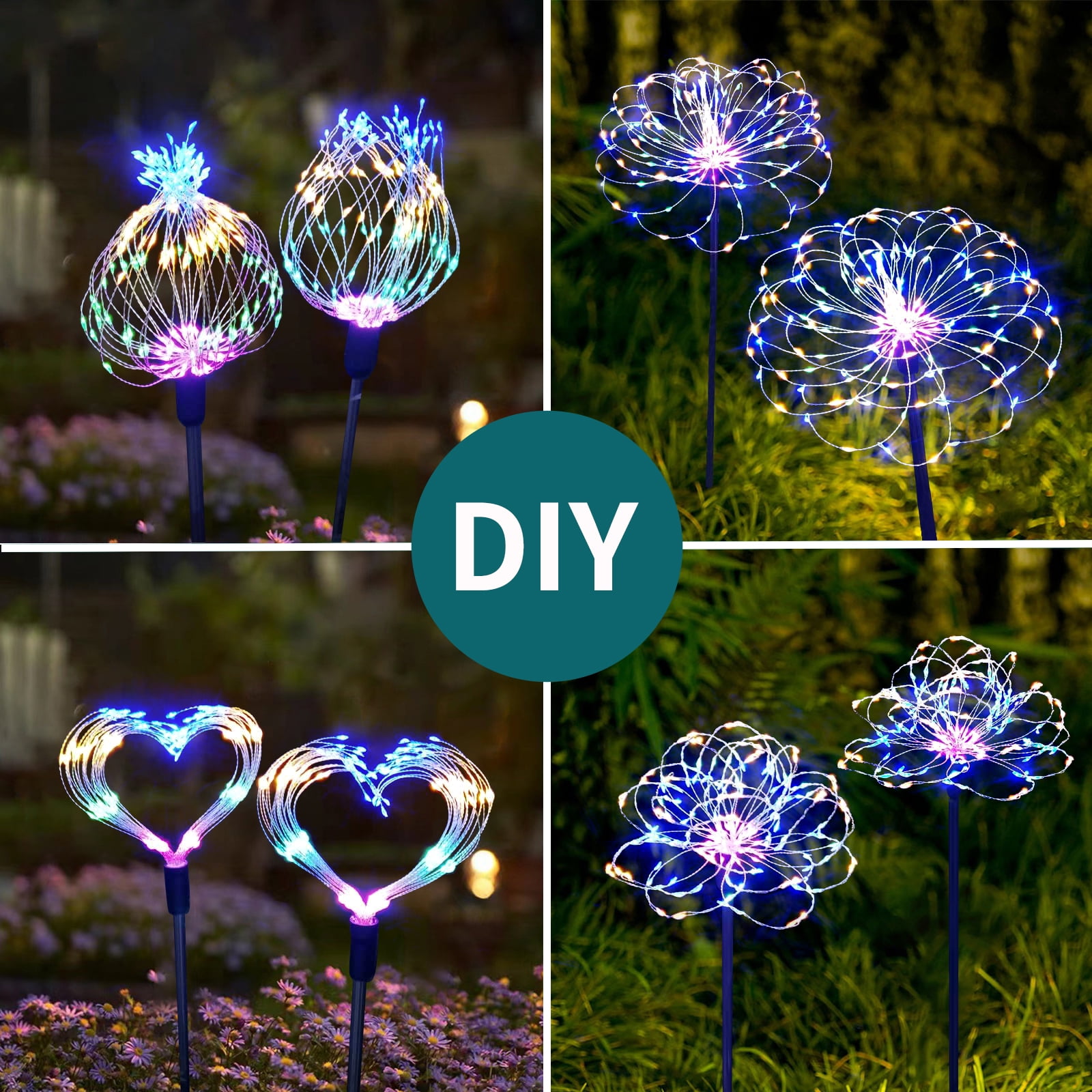 4 Pack Solar Firework Lights Outdoor, 120 LED Multicolor 8 Modes Waterproof Garden Stake Lights for 4th of July Yard Decor & Parties