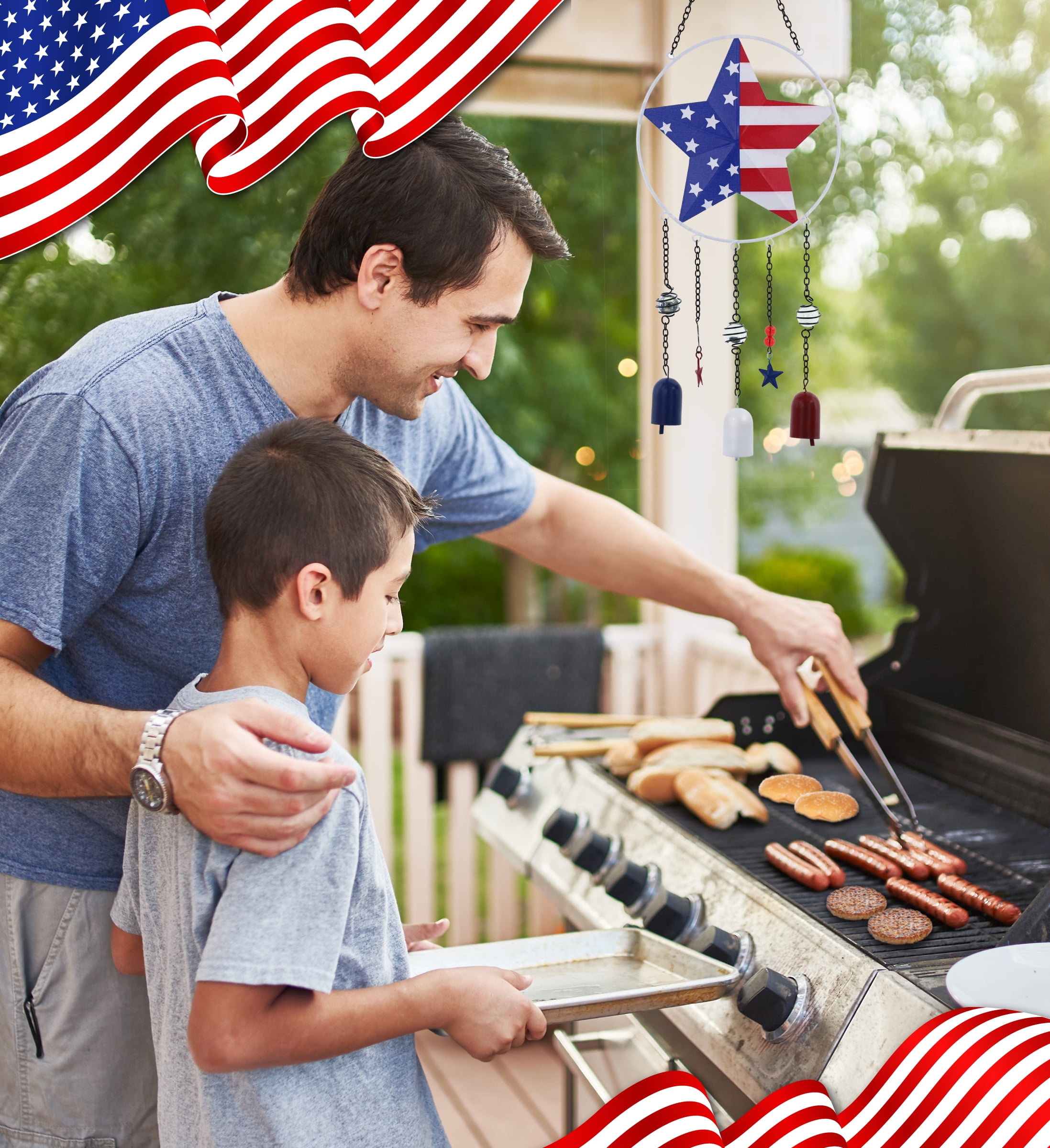 CoTa Global USA Flag Star Wind Chime - American Flag Patriotic Indoor or Outdoor Windchime Home Decor with Hanging Bells, Handcrafted Glass and Metal Wind Chimes for Yard, Garden, Porch - 24 Inch