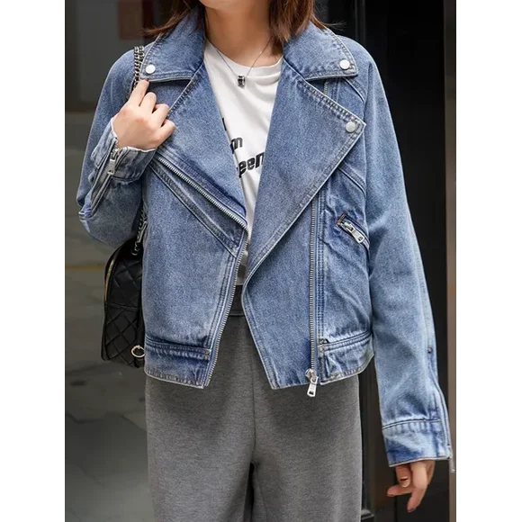 Fitaylor Veste en Denim pour Femmes de Printemps et d'Automne, Décontractée, Style Moto Biker, Vintage, à Revers, avec Fermeture Éclair, FGS