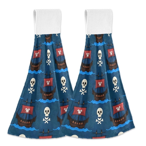 Haosy 2 Pack Kitchen Wash Cloths with Hanging Loops Absorbent Absorbent Quick Drying Hand Towels, Pirate Ship and Skull