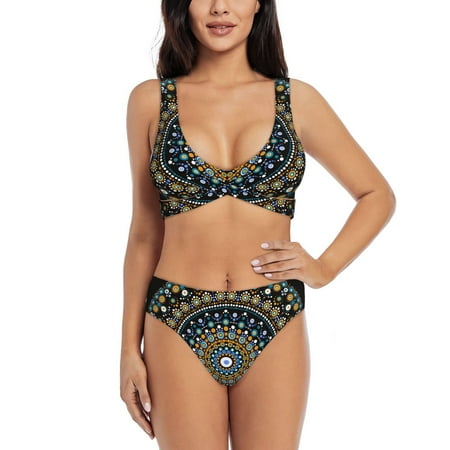 Zeuib Dot Mandala High Waisted Tummy Control Bikini Set - Knot Front Push Up Top & Cheeky Thong Bottom  Two-Piece Swimsuit for Women-Small