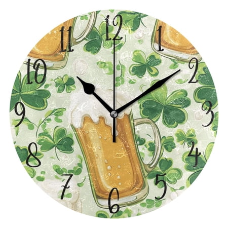 WOBOGO Beer and Green Cloverleaf Patterns with St Patricks Wall Clock 10in Silent Mechanism Battery Operated Retro Style for Living Room Bedroom and Kitchen Black Pointer