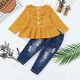 thumbnail image 3 of 18 Months Toddler Baby Girls Clothes Baby Girls Outfits 18-24 Months Baby Girls Long Sleeve Round Neckline Ruffle Top Jeans Pants 2PCS Set Yellow, 3 of 9