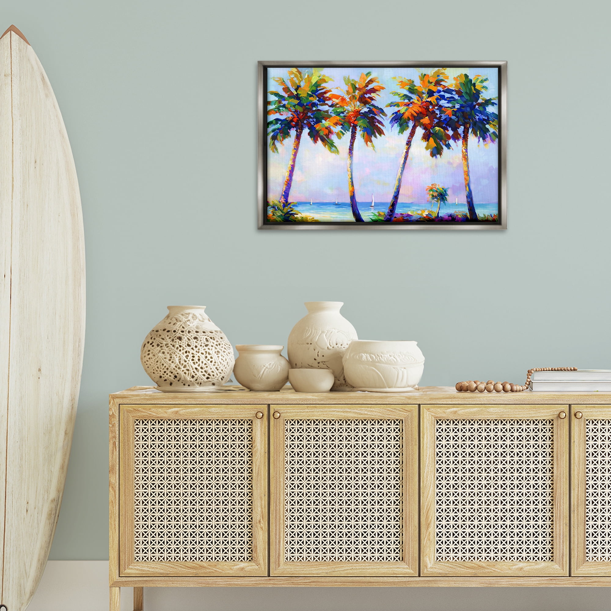 Stupell Industries Palm Trees in Sun Warmth Landscape Painting Gray Floater Framed Canvas Art Print Wall Art, 31 x 21