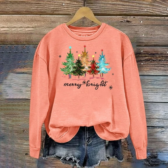 pimelu Christmas Sweater Clearance Womens Christmas Sweatshirt Plus Size Fashion Christmas Tree Graphics Print Sweatshirt Girls Long Sleeve Crewneck Pullover Tops