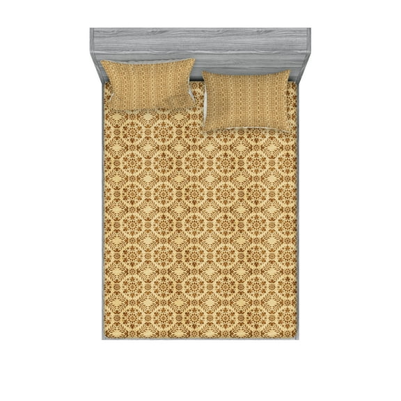 Ambesonne Vintage Fitted Sheet & Pillow Sham Set, Nostalgic Vine Leaf Motif, Full, Caramel and Beige