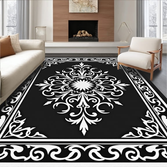 ODIKA 4'x6' Machine Washable Non-Slip Area Rug, Vintage Damask Design with Ornate Scrollwork High Traffic Rug, Black, 468109