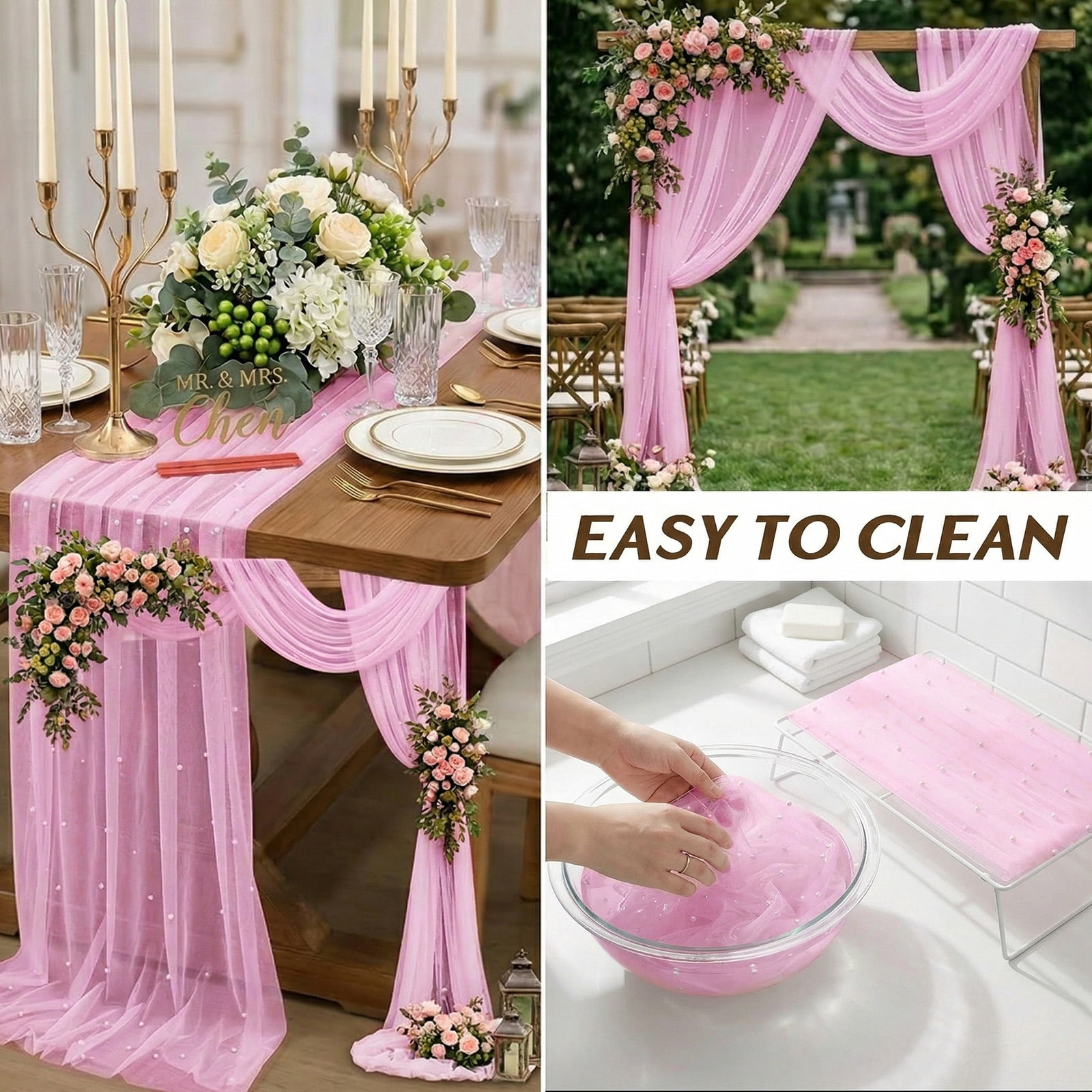 3PCS Pearl Gauze Table Runner 10FT Sheer Tablecloth Elegant Dining Table Decor for Home Party Holiday Wedding,33 x 124 Inches