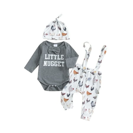 

ESASSALY Baby Boy Outfit Letters Print Bow Romper Chicken Overall Pants Hat