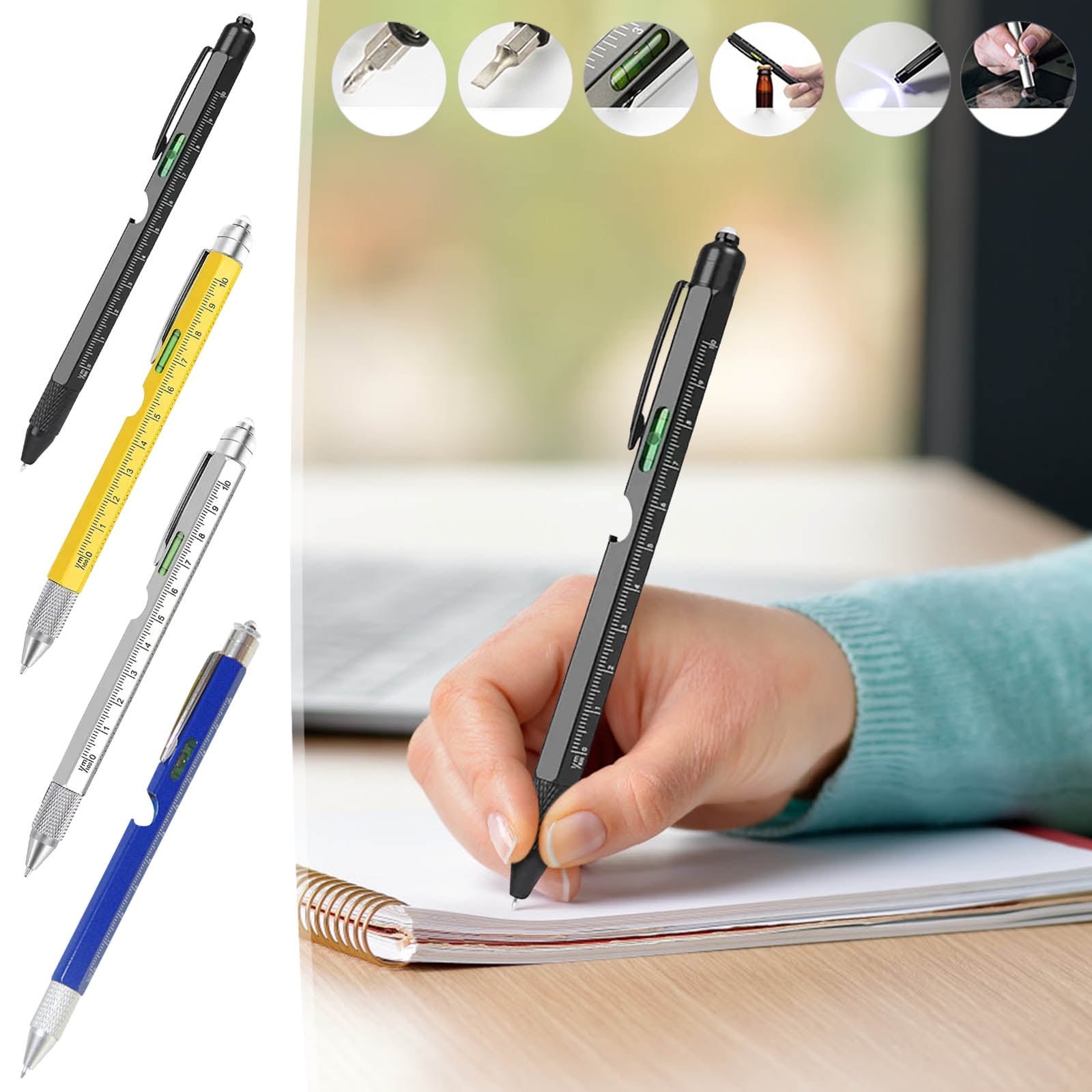 Coollooc One Pen Nine Functions -Christmas Gifts for Men, 9 in 1 Multitool Pen with LED Light, Cool Gadgets, Stocking Stuffers Gifts for Men, White Elephant Gifts for Adults(Black)