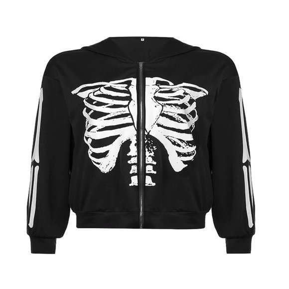 Women Oversized Fashion Sweatshirt Zip Up Hoodie Long Sleeve Pullover Casual Pockets Hoodie Skeleton Jacket