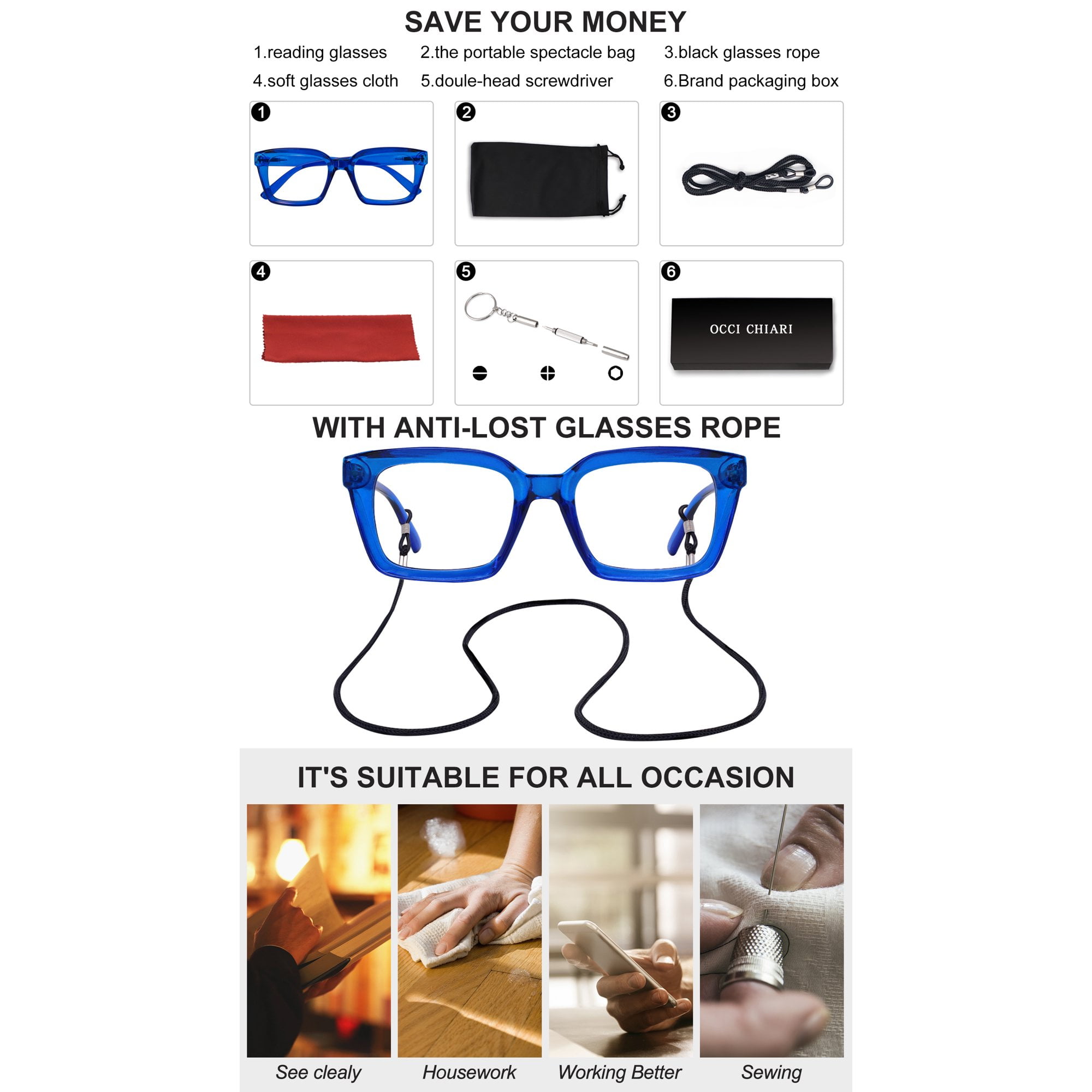 OCCI CHIARI Reading Glasses Women 1.75 Big Readers for Large Lady Clear Lens (1.0 1.25 1.5 1.75 2.0 2.25 2.5 2.75 3.0 3.5 4.0) with Arylic Lens (Blue, 175)