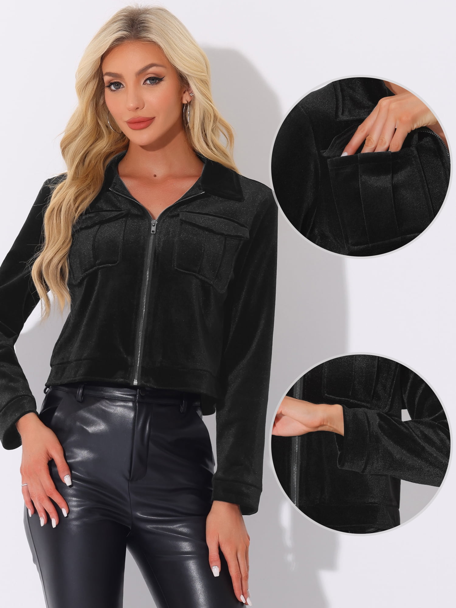 DARING DIVA Cropped Velvet Long Sleeve Zip Up Jacket M Black