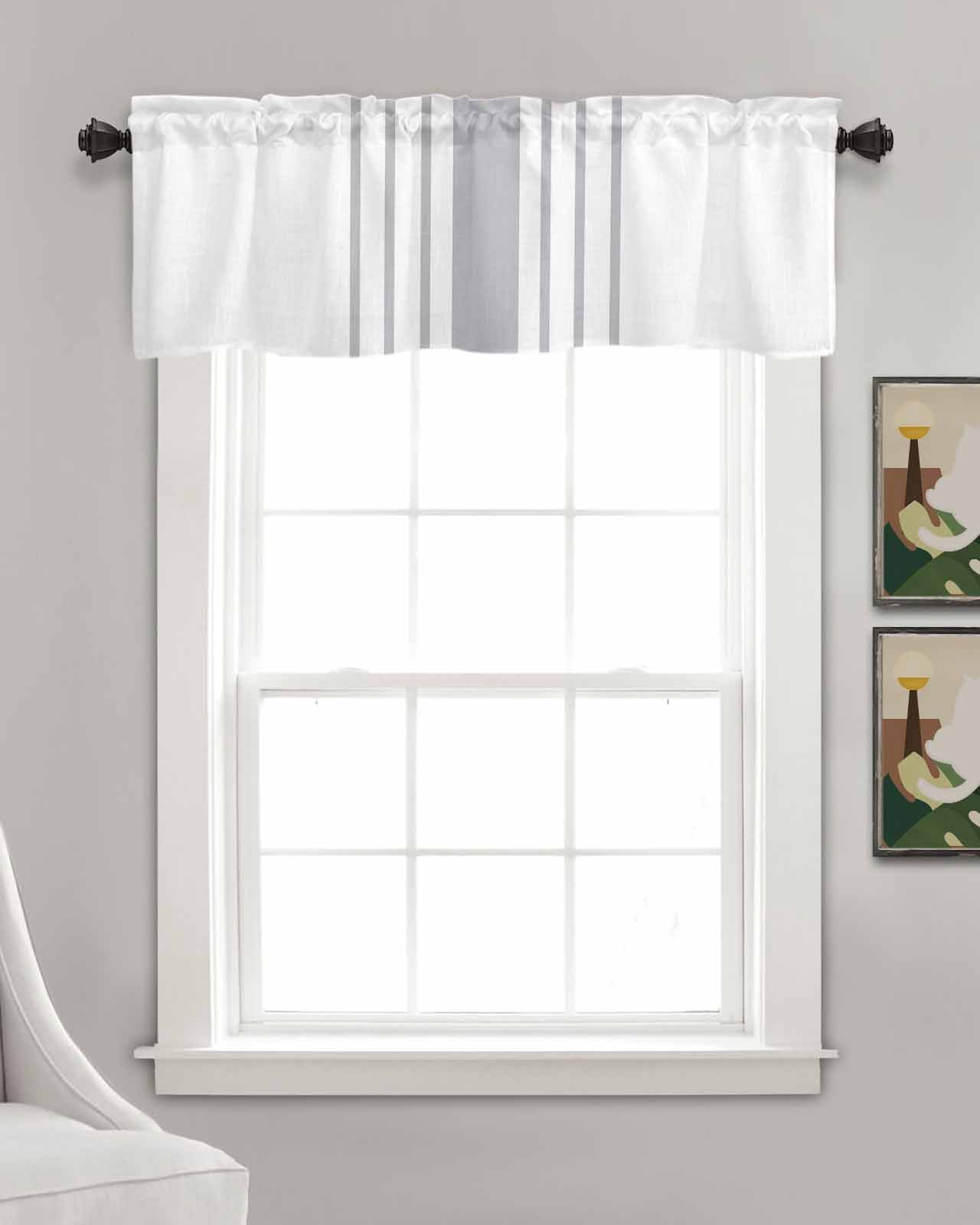 Grey Vertical Striped Kitchen Valances for Windows Farmhouse Linen Window Valance Curtain for Living Room Window Treatment White Modern Simple Geometric Valance Rod Pocket Topper Drape, 42 x 18 Inch