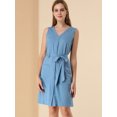 thumbnail image 3 of Allegra K Vestido sin mangas con botones en la cintura y lazo de cambray con cuello en V y bolsillo para mujer Azul XS Unique Bargains Casual, 3 of 6