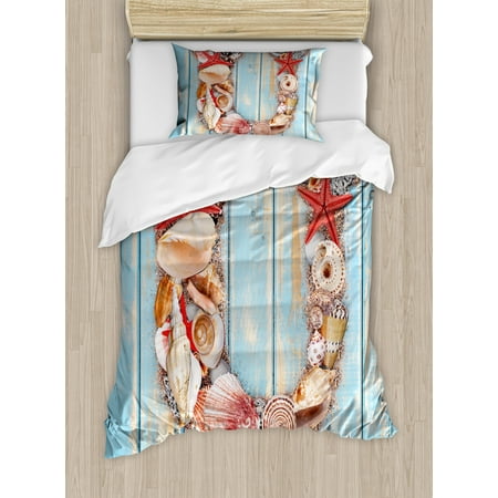 Coastal Life Bedding Letter U Twin Size Duvet Cover Set, Underwater Wildlife Coastal Design of U Alphabet Words Language, Decorative 2 Piece Bedding Set with 1 Pillow Sham, Pale Blue Ivory Dark Coral, by Ambesonne ()