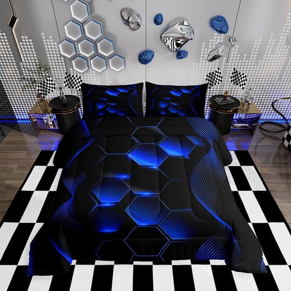 Geometry Honeycomb Queen Comforter Set,Neon Lights Royal Blue and Black Striped Hexangon Bedding Set Glowing Geometric Hexangonal Down Comforter,Ombre Gradient Bed Set,Reversible