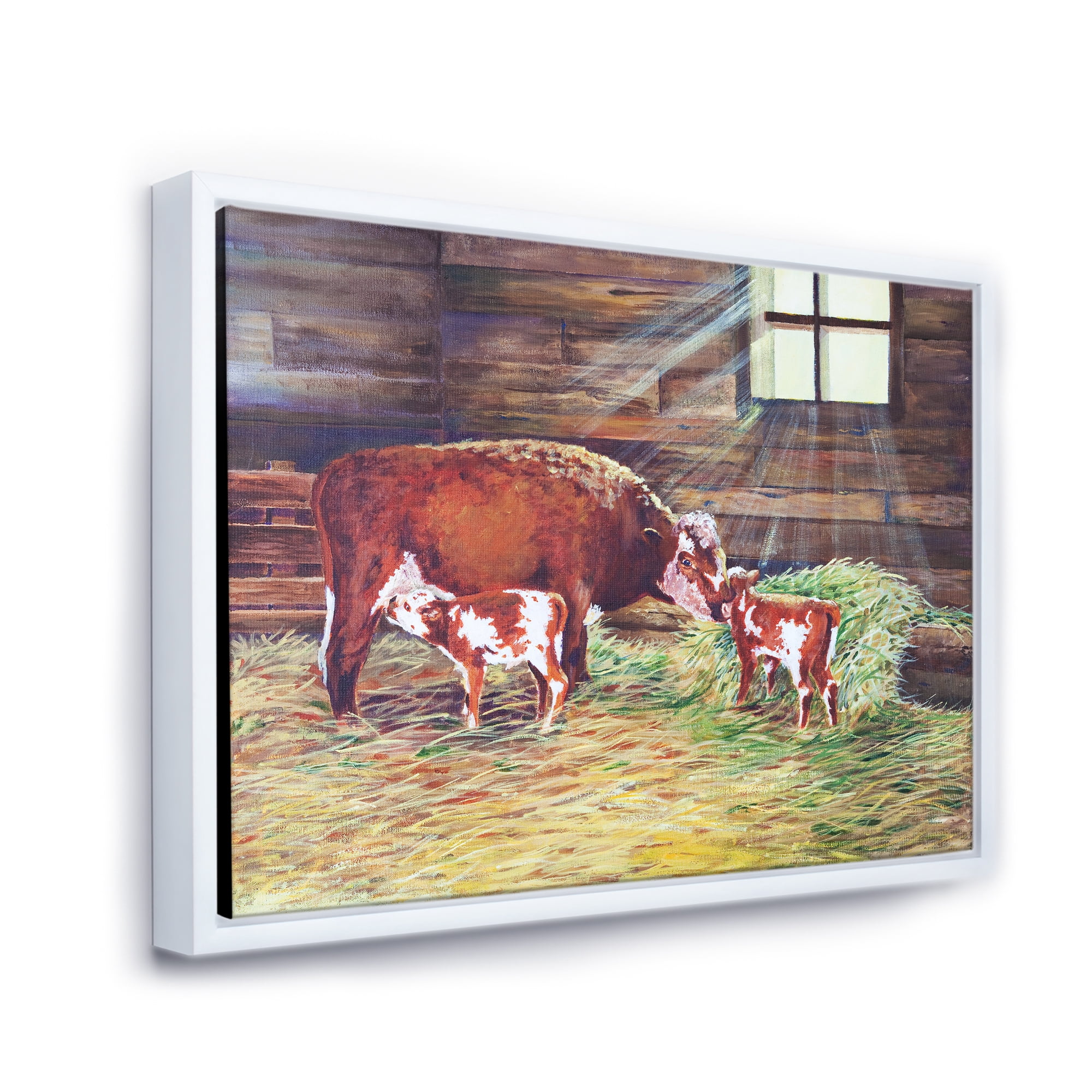 Designart 'Newborn Twin Calves With Cow At The Farm' Farmhouse Framed Canvas Wall Art Print