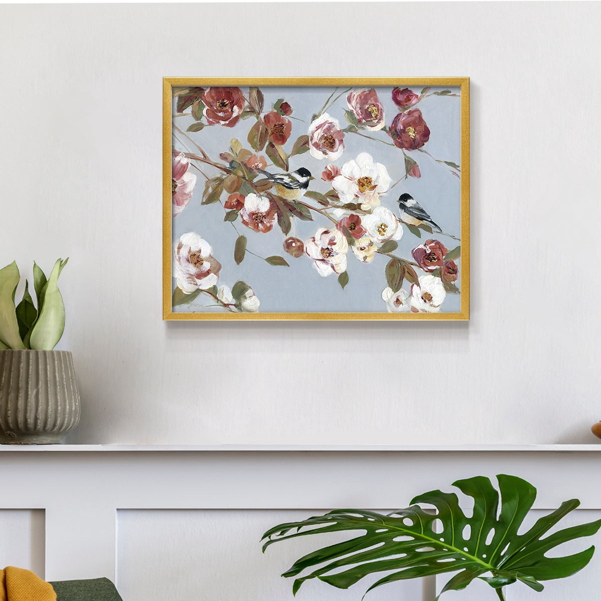 Chickadees and Blossoms II by Sally Swatland - Restickable Framed Giclée Print