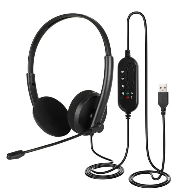 USB Headset with Noise Cancelling Microphone Stereo Computer Headphones with Audio Control Wired USB Headphones Over-Ear for PC Desktop Laptop Call Center Office Skype Zoom
