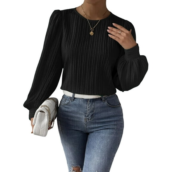Women'S Long Sleeve Scoop Neck Pleated Front Fitted Blouse Tops Black XL
